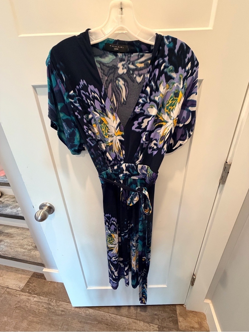 Tahari Navy Watercolor Floral Faux Wrap Belted Midi Dress M